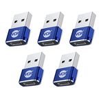 VCR Mobile Accessories, USB Type C Female to USB Male A Adapter, 5 Units Pack, Blue Mini USB C Type Adapter Charger, Charging Cable Adapter for All Mobile Devices, Laptops, MacBooks and iPad