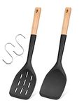 Pack of 2 Silicone Spatula, Non Stick Cooking Utensil Set Wooden Handle Kitchen Turner for Baking Mixing Grilling Serving Food Heat Resistant Non Scratch Hooks Included (Black)