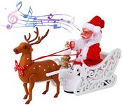 QKTYB Christmas Decoration Santa Claus Musical Deer Cart Santa Claus Doll Elk Sled Toy with Music & Light Electric Elk Pulling Santa Claus Sleigh Running Walking Reindeer Singing Xmas Decor Gifts