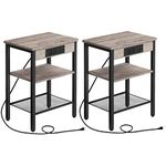 HOOBRO Side Table Set of 2 with Charging Station and USB Ports, 3-Tier Nightstand with Adjustable Shelves, End Table for Small Space, Living Room, Bedroom and Balcony, Greige and Black BG112BZP201