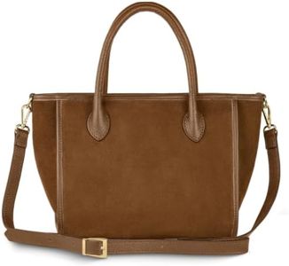 Italian Genuine Suede Top-Handle Bag for Women with Calf Leather Trim & Crossbody Strap | Medium Shoulder Handbag (Mocha)