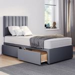 ComfoRest - Luxurious 3FT Single Bed with Mattress Included - Elegant Divan Bed with 24" Headboard and Smart Storage Solutions - With 2 Drawers - Bed & Mattress Sets (Grey Plush)