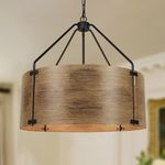 6-Light Farmhouse Dining Room Light Fixtures Over Table, Vintage Industrial Large Drum Chandelier, Rustic Round Coastal Chandelier for Entryway Kitchen Island, Antique Woodgrain Finishe