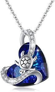 XIXLES Turtle Necklace Heart Crystal Necklace 925 Sterling Silver Turtle/Peacock Necklace Pendant Jewellery Gifts for Women, Girlfriend, Mother, Sterling Silver