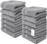 White Classic Luxury Cotton Washcloths - Large Hotel Spa Bathroom Face Towel | 12 Pack | Grey