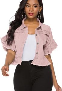 Suvimuga Women's Denim Jacket Button Down Distressed Ruffle Sleeve Crop Jean Jackets Coat Pink XXL