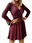 Livonmone Women's Winter Jumper Dress Long Sleeve V-Neck Knitted Dress High Waist Elegant Short Dresses Burgundy XL