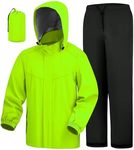 iCreek Waterproof Rain Suit for Men and Women Breathable Lightweight Packable Rain Jacket with Pants Hooded Raincoat Unisex (Fluorescent Green, M)