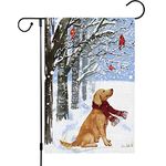 Louise Maelys Winter Garden Flag 12x18 Double Sided, Burlap Farmhouse Small Golden Retriever Dog Cardinal Garden Yard Flags for Winter Seasonal Outside Outdoor House Holiday Decor (ONLY FLAG)