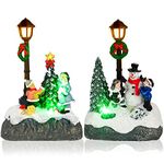 Christmas Village Sets, 2 Pcs Snowman Tree Christmas Village Scene with Figurines LED Light Christmas Village Accessories Tabletop Decorative Christmas Ornaments for Shelf Table Home Decoration