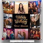 GiftsOnn 8 Photos and Name Pillow for Birthday Satin Black Printed foam Cushion with Filler 12x12 inch, Black Color - 1