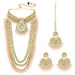 Aheli Wedding Designer Faux Kundan Beaded Indian Heavy Bridal Set Long Choker Necklace Earrings with Maang Tikka Traditional Jewelry Gift for Women Peach