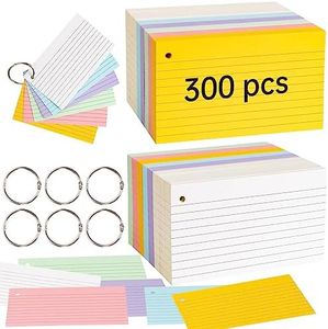 Ayuanb Studying Colorful Assorted Index Cards Colored Flashcards - 300 pcs Lined Index Cards 3 x 5 inch, Cue Cards for Study Perforated Pull-Out Cards with 6 Metal Binder Rings for Home Use,760g/pack