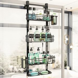 HapiRm 4 Tier Over the Door Shower Caddy, Hanging Shower Caddy with 22 Hooks and 2 Toothbrush Holders, No Drilling Adjustable Hanging Shower Organizer for Bathroom - Black