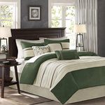 Madison Park Cozy Comforter Set-Luxury Faux Suede Design, Striped Accent, All Season Down Alternative Bedding, Matching Shams, Decorative Pillow, Green, California King (104 in x 92 in)