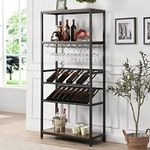 IHOMDEC 5-Tier Open Metal & Faux Antique Wine Bar Cabinet for Liquor and Glass, Free Standing Wine Rack, Bar Liquor Cabinet, Multifunctional Floor Wine Cabinet for Living Room, Home Bar（Vintage Brown）