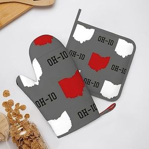 Ohio State Gray Oven Mitts and Pot Holders Set Heat Resistant Non-Slip Silicone Oven Mittens with Oven Gloves and Hot Pads Potholders for BBQ Kitchen Baking Cooking, Quilted Liner