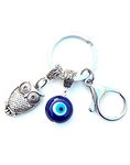 (Pack of 1) Round Shape Evil Eye Keychain Key Ring for Women Men Car Home Good Luck Prosperity Negative Energy Removal Lucky Owl Charm Protection DIY Key Chains Ring (Blue)