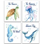 Lovely Inspirational Words Texture of Dreams Watercolor Sea marine life Art Print Set of 4 (8”X10”), Sea Turtle Seahorse fish whale Jellyfish Wall Poster, Blue Ocean Theme Nursery Kids Room Wall Decor