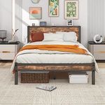 Diolong Full Bed Frame with Wood Storage Headboard and Charging Station, Metal Double Bed Frame Full, Heavy Duty/Mattress Foundation/No Box Spring Needed/Vintage Brown