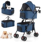 COSTWAY Double Pet Stroller, 4 Wheels Foldable Dog Pushchair Cat Buggy with 2 Detachable Carriers, Adjustable Canopy, Mesh Openings & Safety Leash, Lightweight Pet Pram for Small Dog Cat (Navy)