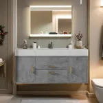 DWVO Grey Floating Bathroom Vanity 48 Inch Wall Mounted Bathroom Vanity with White Sintered Stone Countertop and Ceramic Basin Sink Bathroom Cabinet with 2 Drawers & 2 Storage Cabinet for Bathroom