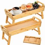 AVLA 2 Pack Bamboo Serving Board on Stand, Raised Wooden Serving Platter, Party Decorative Appetizer Tray, Foldable Cupcake Dessert Display Riser Shelf Organizer with Handle for Cheese Charcuterie