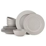 Stoneware 12 Piece Dinnerware Set By Glavers Service For 4, Round Light Grey (Beige) Dishes – Made in Portugal High-End Quality. Includes 4 Dinner Plates 4 Salad Plates, And 4 Bowls.