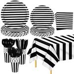 ADXCO 176 Pieces Black and White Disposable Dinnerware Set Paper Party Supplies Tableware Set Include Striped Plates and Napkins Cups Plastic Tablecloth Knives Forks and Spoons Serves 25 Guests