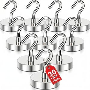 Magnetic Hooks 30Lbs Heavy Duty Magnets with Hook, Heavy Duty Magnet Hooks for Refrigerator, Cruise, Kitchen, Cabin, Grill, Indoor & Outdoor Hanging, 10 Pack Silver