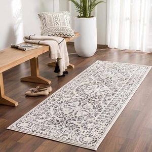 Hauteloom Megargel Boho Vintage Damask Floral Runner Rug - Farmhouse Traditional Medallion Carpet for Hallway, Kitchen - Transitional - Gray, Beige - Grey, Beige, Black - 2'7" x 10'