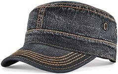 VOBOOM Washed Cotton Military Caps Cadet Army Caps Unique Design Vintage Flat Top Cap (Denim Black)