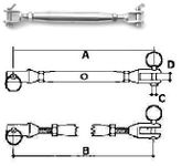 Marine Part Depot Marine Part Depot Stainless Steel Turnbuckle Jaw/Jaw 1/4"