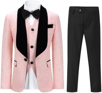 SWOTGdoby Boys 3 Pieces Suit Slim Fit Jacquard Tuxedo Formal Shawl Collar Jacket Vest Pants Ring Bearer Outfit Wedding Prom Light Pink