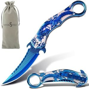 Vividstill Pocket Knife for Men, Cool Folding Knife With 3D Blue Dragon Relief, Great Gift Edc Knife For Men Outdoor Survival Camping Hiking