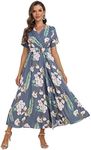 VintageClothing Women's Summer Dresses 2023 Floral Printed Wrap V Neck Short Sleeve Split Long Beach Party Maxi Dress, Denim Blue, X-Large