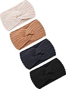 TecUnite 4 Pieces Chunky Knit Headbands Braided Winter Headbands Ear Warmers Crochet Head Wraps for Women(Black, Dark Grey, Camel, Beige)