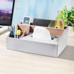 CLADD INTERNATIONAL Vegan Leather All in One Desk Organizer Storage with Tissue Box | Cutlery | Bursh | Stationery Supplies | Use Home Kitchen | Office Accessories | Makeup Compartment | Grey