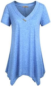 Miusey Tunic Tops To Wear With Leggings, Women's v Neck Tunic Top Short Sleeves Flowy A-Line Hem Asymmetrical Shirt Lightweight Cool Thin Fitting Swing Going Out Wear Blue L