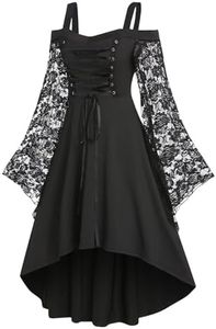 Femme Courte Robe Gothique Robe Renaissance à Manche en Dentelle Dress Vintage Rockabilly Robes de Cocktail Epaules Dénudées Robe de Bal Punk pour Carnaval Cosplay Deguisement Halloween