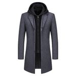 KUDMOL Men's Trench Coat Wool Blend Warm Overcoat With Detachable Hood(Grey,L)