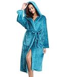 Vlazom Women Dressing Gown, Flannel Soft Robe Cosy Bathrobes Fluffy Warm Hooded Housecoat for Cold Winter, Peacock Blue-with Hooded, 43687