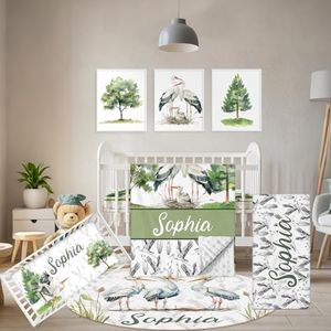 Terwex Custom Baby Crib Bedding Set, 5 Pcs Personalized Name Baby Crib Sets for Infant Toddler, Green Crane Nursery Bedding Set for Boy Girl, Double Layer Flannel Baby Bedding Sets Customized Gifts
