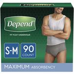 Depend FIT-FLEX Incontinence Underwear for Men, Maximum Absorbency, Disposable, S/M, Grey, 90 Count