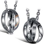 Flongo 2Pcs Dual Rings Hook-ups Promise Heart Matching Pendant Necklace Stainless Steel Couples Mens Womens