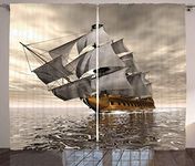 Ambesonne Ocean Curtains, 3D Style Pirate Ship Sea Historic Vessel Cloudy Sky Voyage Exploration Theme, Living Room Bedroom Window Drapes 2 Panel Set, 108" X 84", Coffee Grey