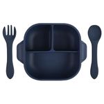 SPY KIDS® Silicon Baby Feeding Bowl Set - 3 Compartment Bowl with Suction, Spoon, Fork, and Transparent Lid | Premium Food Grade Soft Silicone Tableware (Dark Blue)