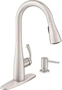 Moen Essie Spot Resist Stainless Pulldown Sprayer Kitchen Sink Faucet Set with Modern Pump Soap Dispenser, 87014SRS