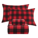 softan Flannel Queen Sheets Set 4-Piece Micro Fleece Bed Sets with 15" Deep Pocket Fitted Sheet, Flat Sheet and Pillowcase，Red Buffalo Plaid