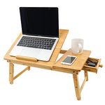 Utoplike Bamboo laptop desk for bed, Tilting Top Bed serving tray, Breakfast Table Ajustable Height, Fodable Legs, Storage Drawer, Lap stand for Reading, Writing, Eating